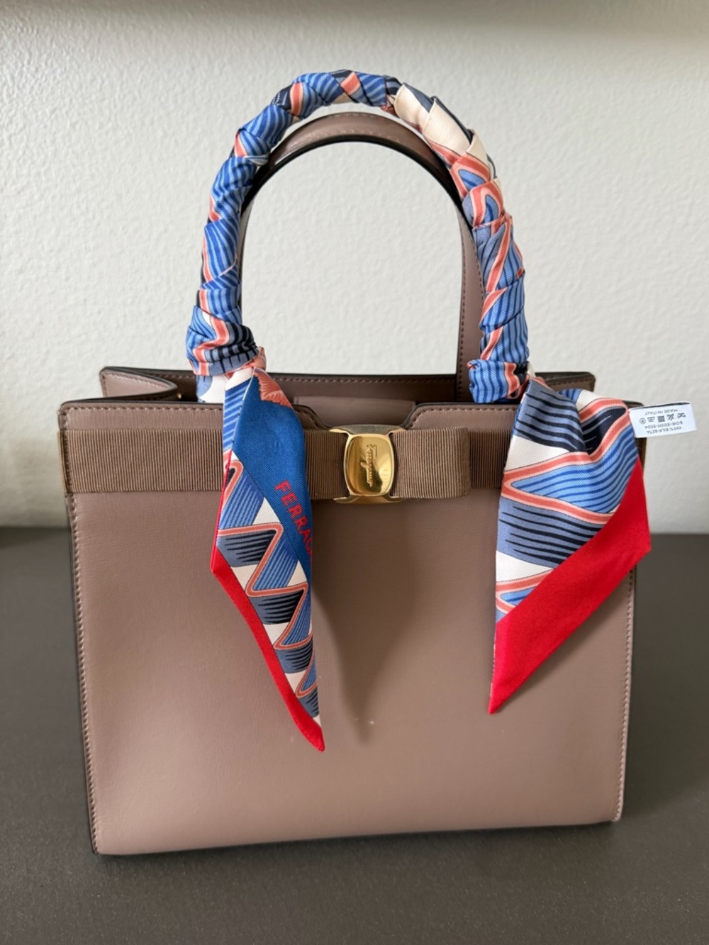 Salvatore Ferragamo Vara Ribbon Tote Bag Calfskin Gray Beige with Gold Chain